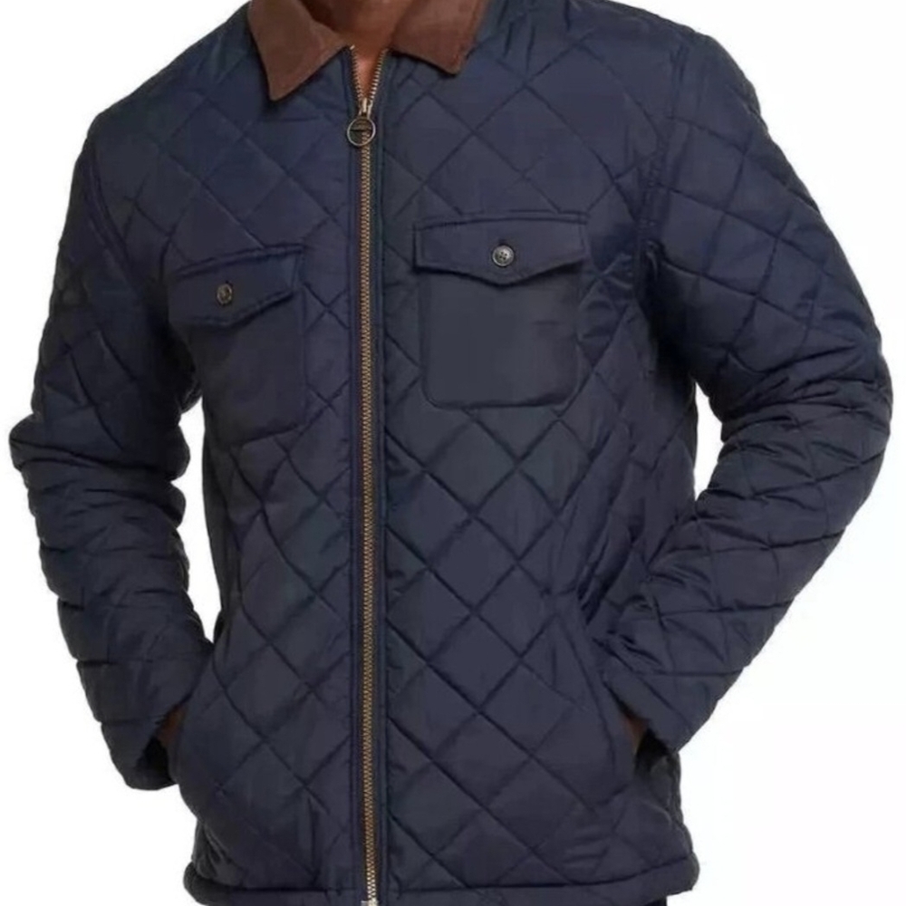 Weatherproof Men's Navy Quilted Jacket with Brown Collar